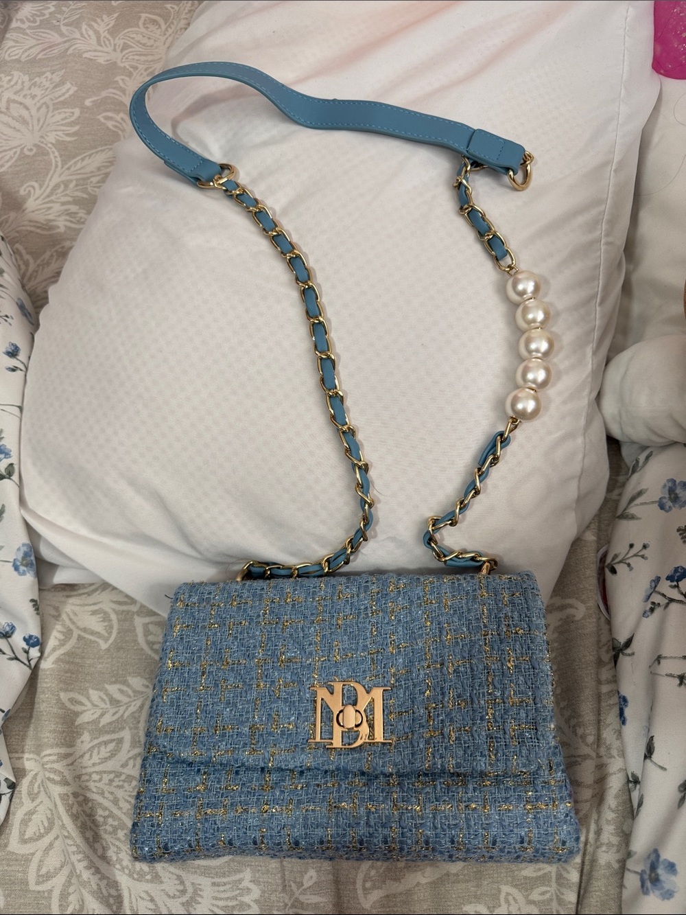 Badgley Mischka Blue Tweed Crossbody with Pearl-Accent Chain